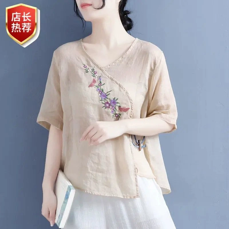 Летняя винтажная художественная тонкая оливковая деревянная футболка с вышивкой и короткими рукавами из хлопка и льна, Женская футболка из чистого хлопка в этническом стиле с V-образным вырезом и вышивкой