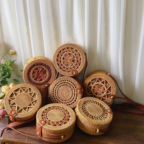 Vietnamese Rattan Round Woven Shoulder Crossbody Storage Bag for Women, Grass Weaving Bag for Travel, Beach and Sand