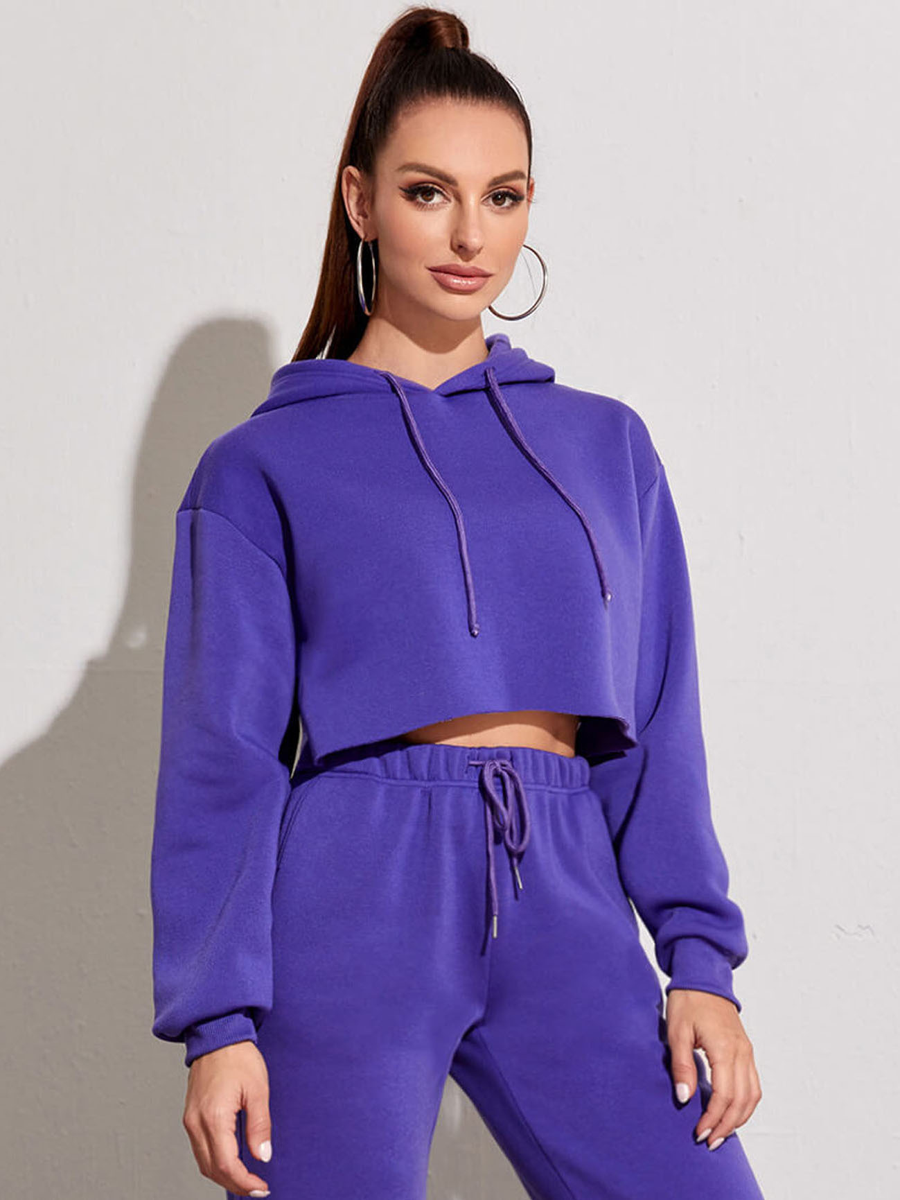 Fleece Solid Color Short Navel-Exposed Hooded