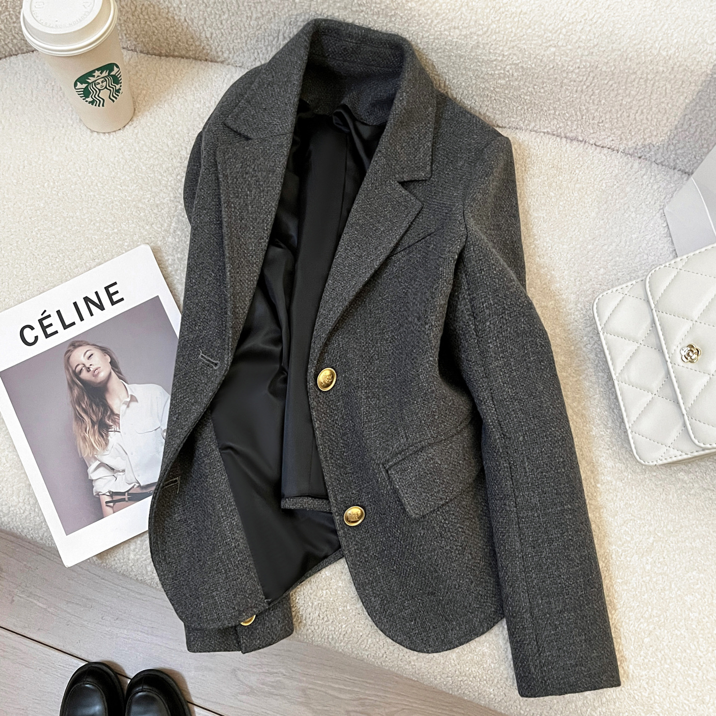 Grey short wool blazer for women, new early spring 2026 style, petite, retro British style.