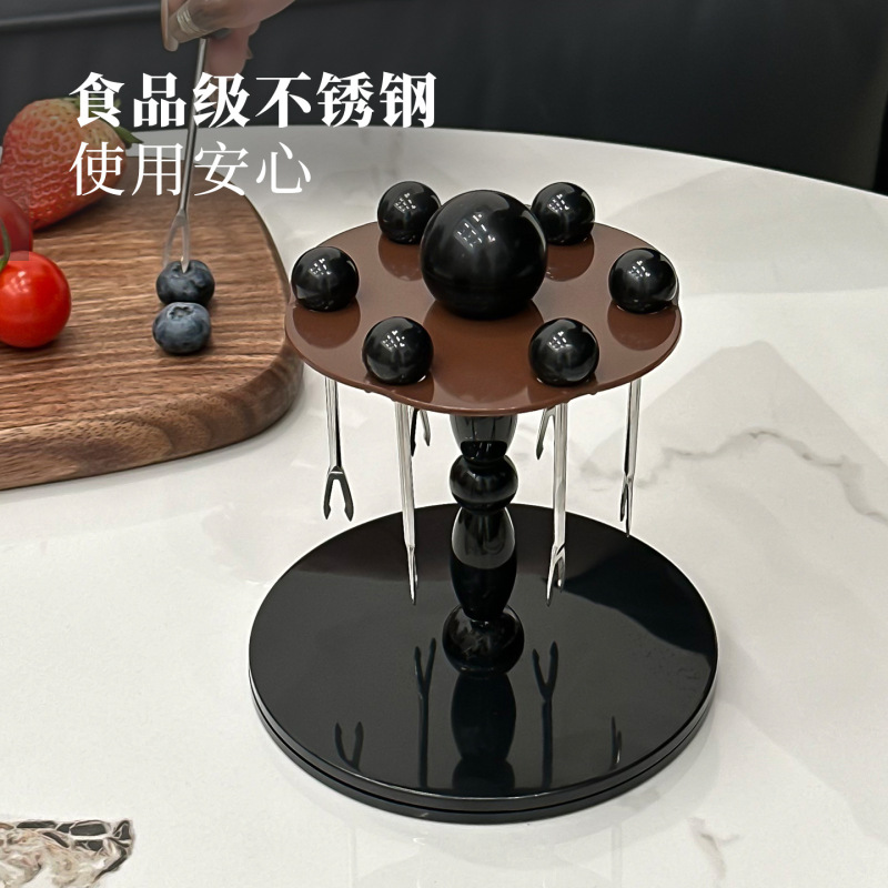 简约创意水果叉家用客厅创意旋转桌面茶几水果甜品叉子收纳带果叉|undefined