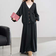 韩系温柔风针织套裙女秋冬纯色百搭毛衣外套高腰长裙两件套潮1017