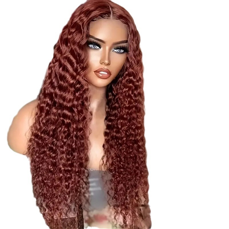 Women's Wine Red Front Lace Wig New Style Fluffy Natural Small Curls Full Head Synthetic Hair Extension_voghion.com