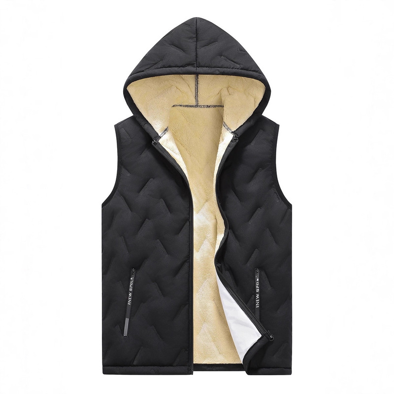 Lamb Wool Men's Vest Autumn and Winter Fleece Thickened Hooded Large Size Casual Warm Sleeveless Vest Cross-Border