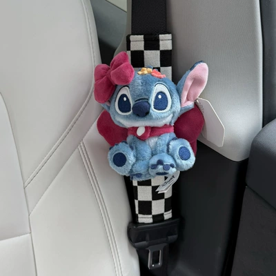 Stitch Sweetheart Stitch Car: Seat belt shoulder pad - chess-grid-big-rose-red-bow-squatting-stitch-shoulder-pads