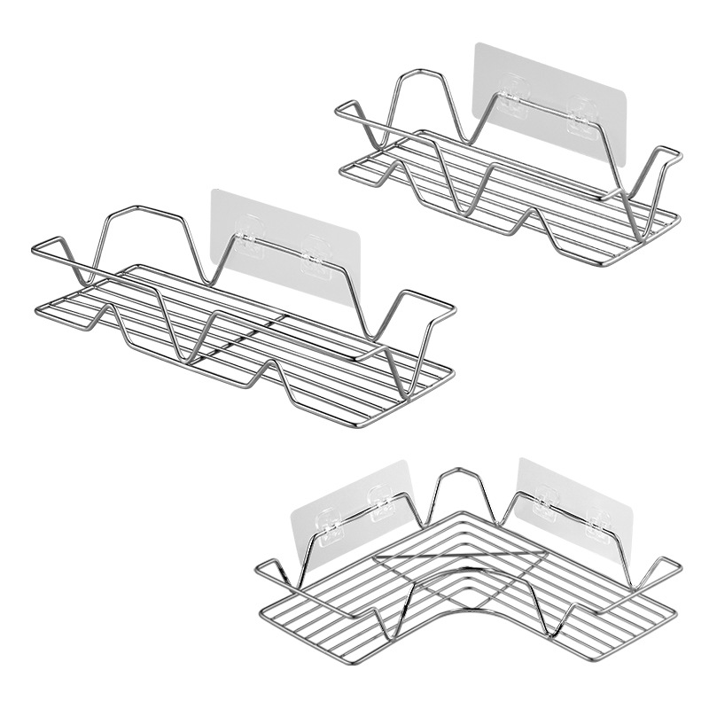 ステンレス製収納ラック キッチン/バスルーム収納ラック 穴あけ不要 コーナー壁掛け収納ラック