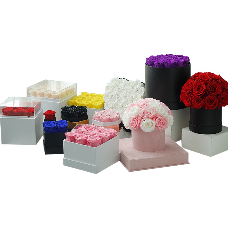 Serie de productos terminados de flores preservadas en cubo acrílico, rosa de San Valentín con cabeza de hongo, regalo de Navidad de Amazon