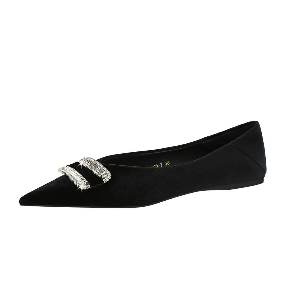 2873-K76 Korean Fashion Banquet Flat Heel Women's Shoes with Xishi Suede Shallow Mouth Pointed Water Diamond Buckle Flat Bottom Single Shoes for Women