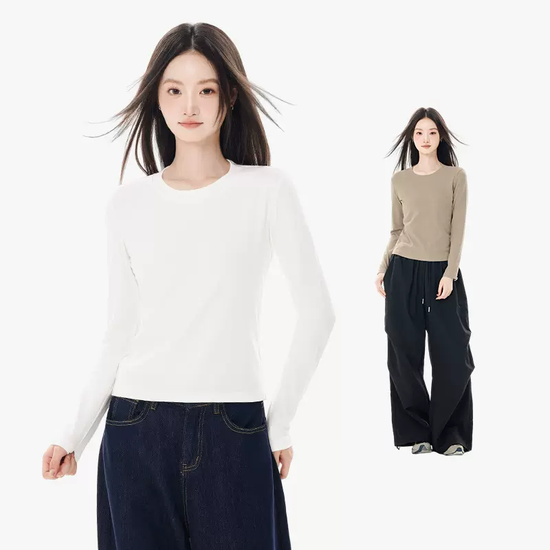 韩版休闲正肩长袖t恤女2025秋季新款修身弹力圆领内搭女打底上衣