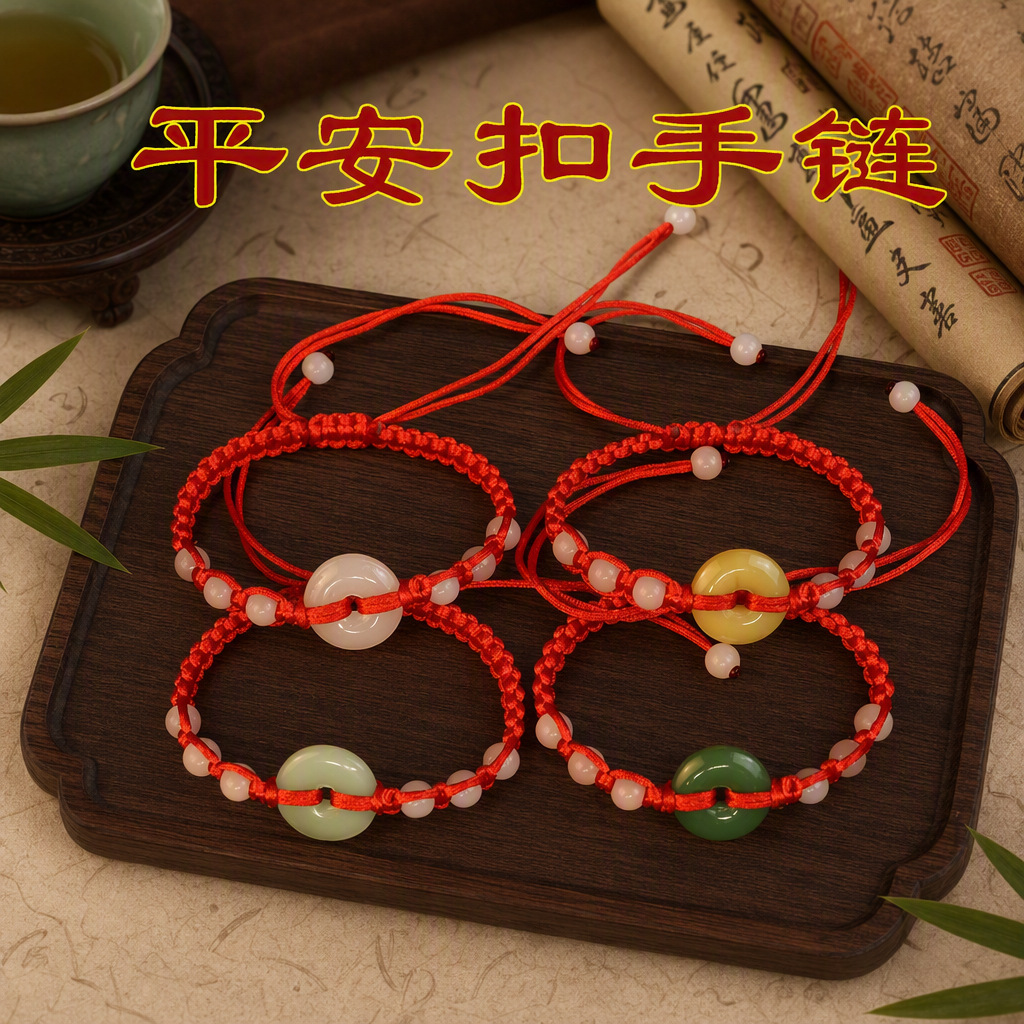 工厂批发红绳编织仿玉平安扣手链保平安本命年吉祥红绳饰品批发