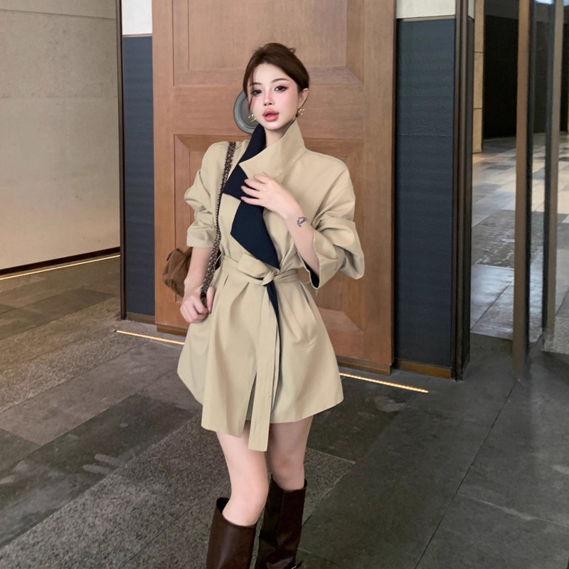 RHGD实拍2025短款风衣外套女韩系气质撞色收腰翻领系带大衣2025|undefined