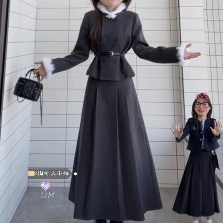 韩系小香风千金感毛领双排扣长袖外套女秋冬季高腰百褶半身裙套装|undefined