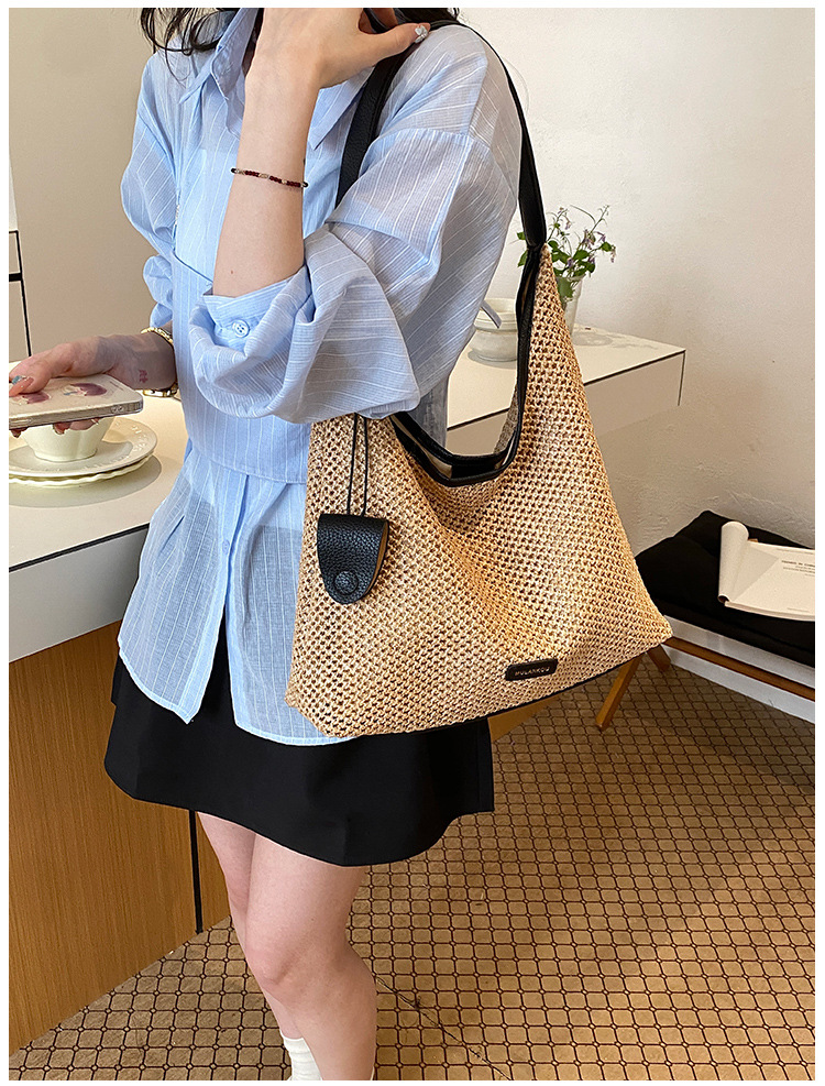 Gewebte Schultertasche Französischer Stil Gestreifte Strohtasche_voghion.com