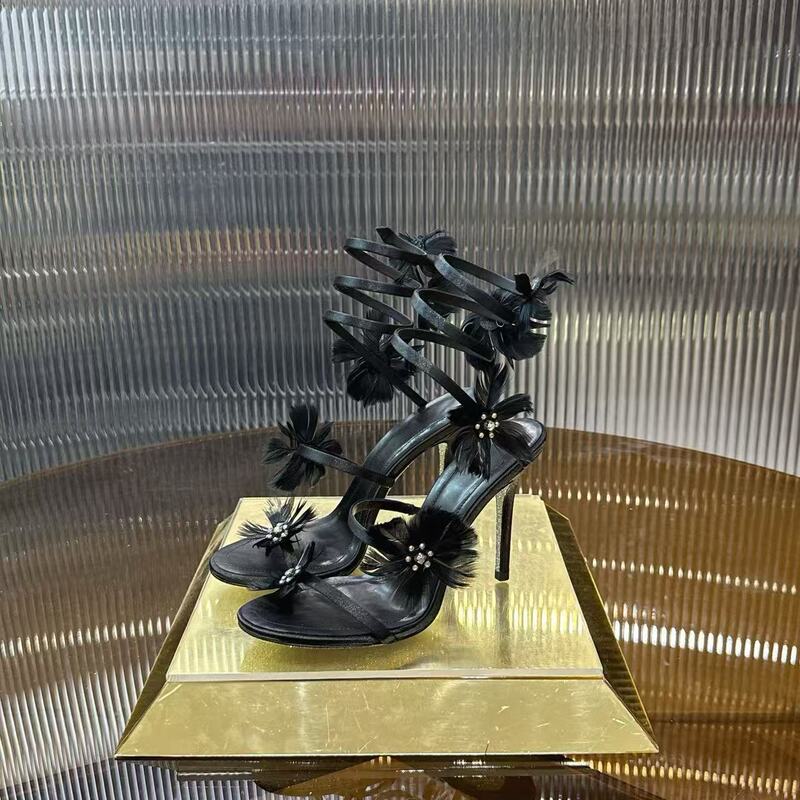 26 New Summer Style Feather Flower Ankle-Wrap Thin Heel Satin Rhinestone Party Dress High Heel Sandals for Women