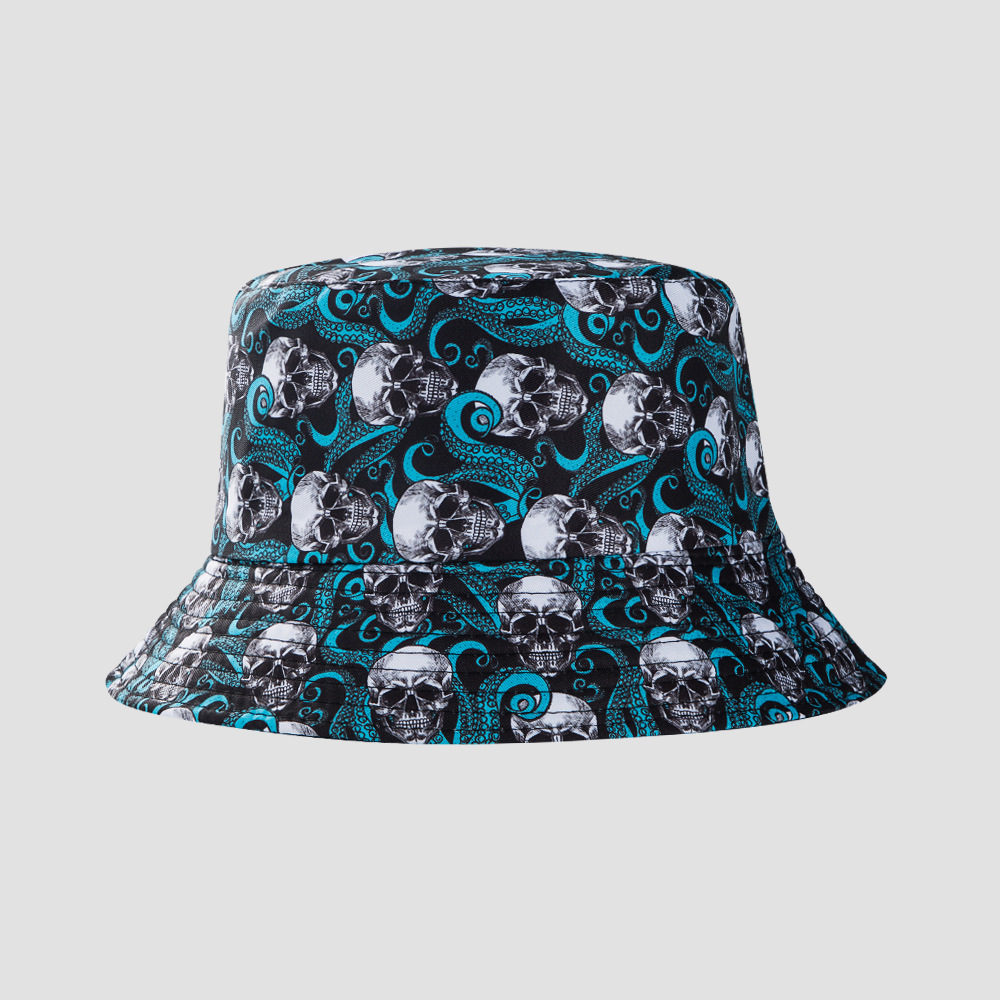 European And American Halloween Personality Skull Bucket Hat Male Sun Protection Sun Hat Lady Graffiti Reversible Bucket Hat display picture 8