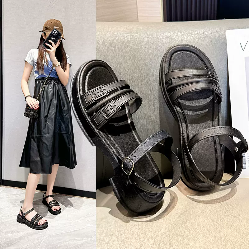 夏季罗马凉鞋女厚底防滑海边度假外穿沙滩拖鞋网红绑带两穿凉拖