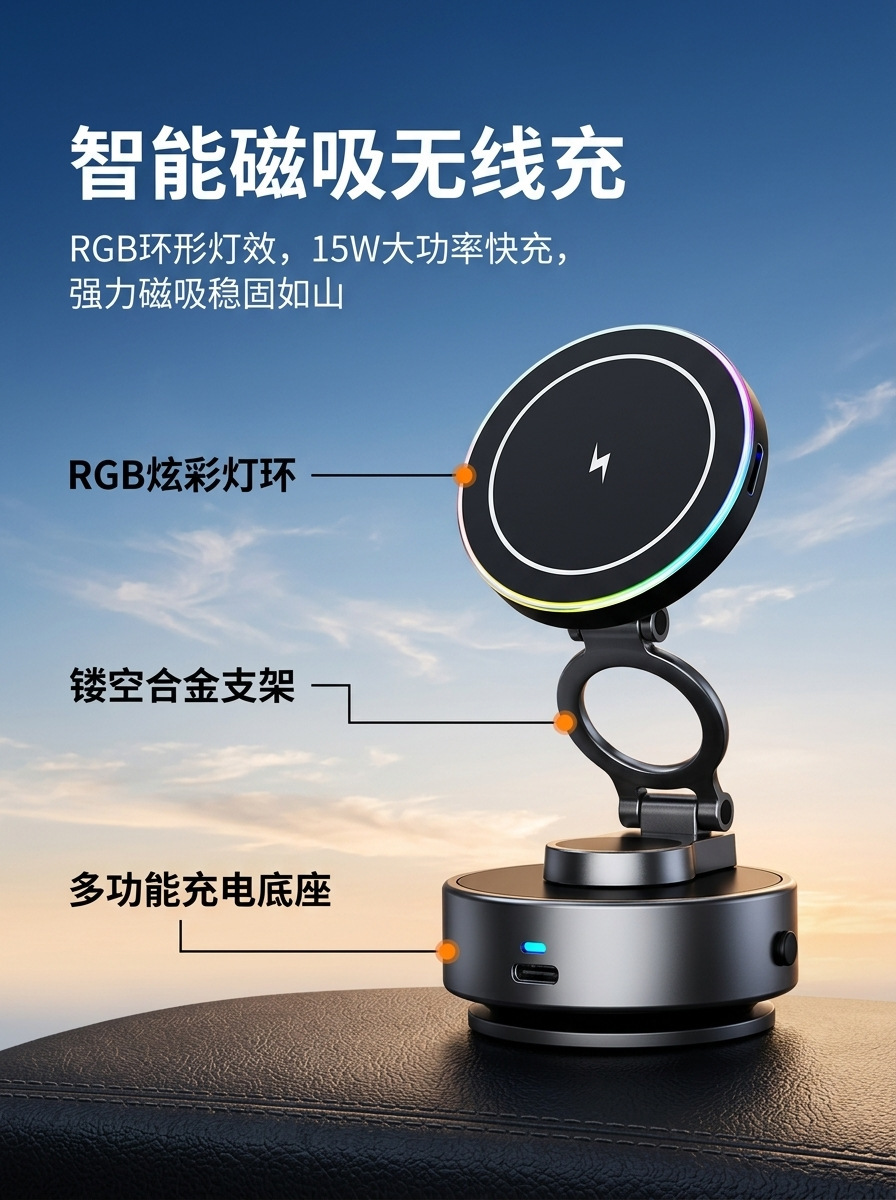 Wireless charging car phone holder, center console navigation stand, third-generation rotating car phone mount, wholesale