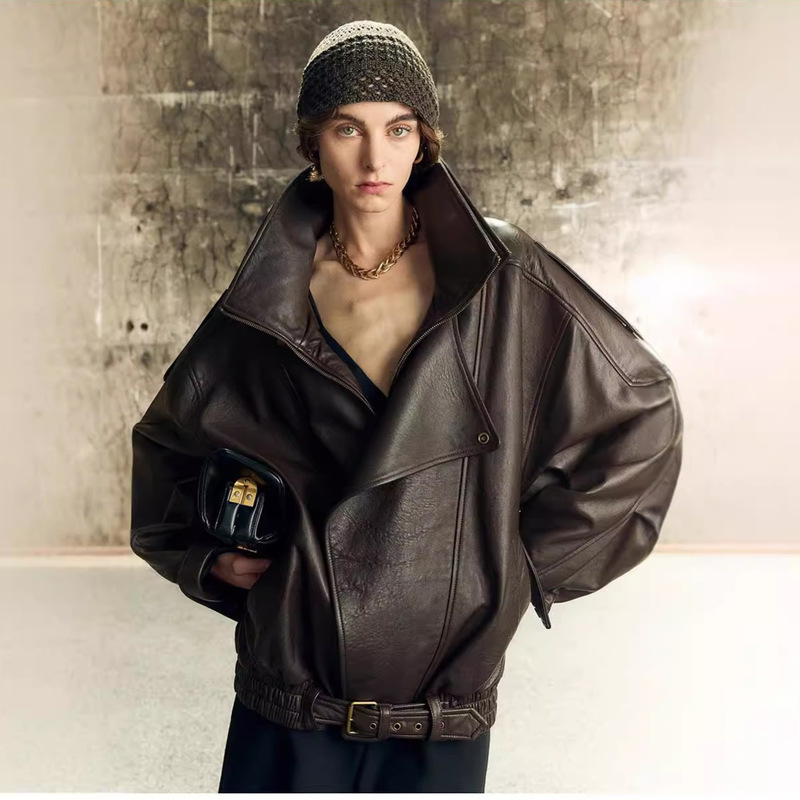 Modern High Street Y*L British Lamb Bubble Leather Double Collar Leather Jacket Autumn Sleeve Silhouette Heavy Industry Genuine Leather Jacket