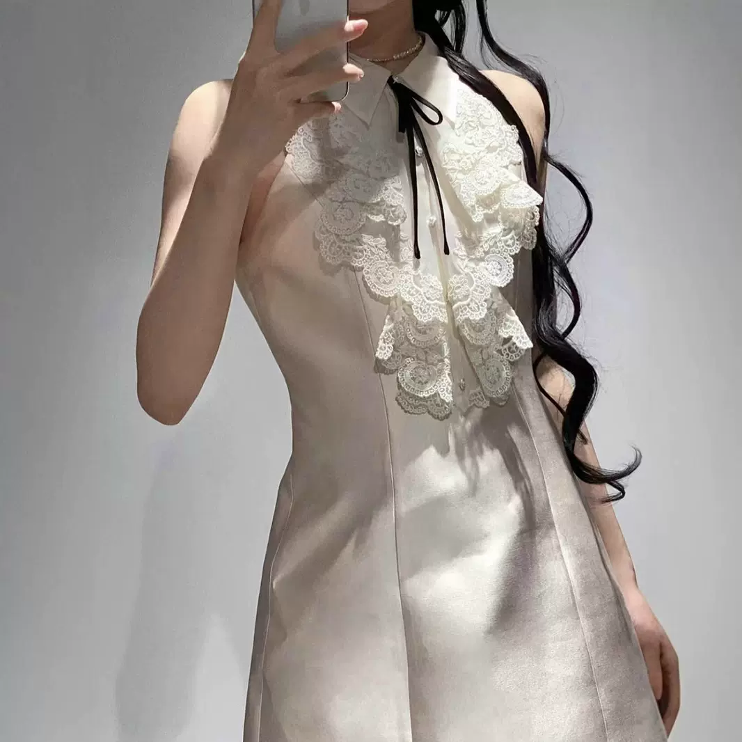 明星同款削肩背心裙气质优雅千金风镂空勾花蕾丝拼接无袖连衣裙女