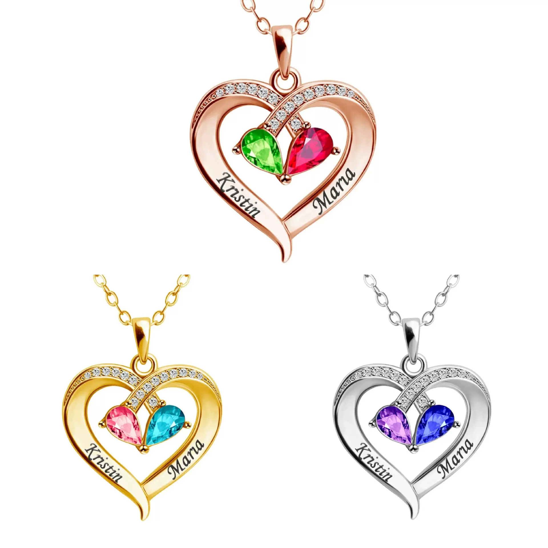 新款欧美创意S925水滴项链女DIY刻名字闺蜜12生辰石饰品桃心吊坠