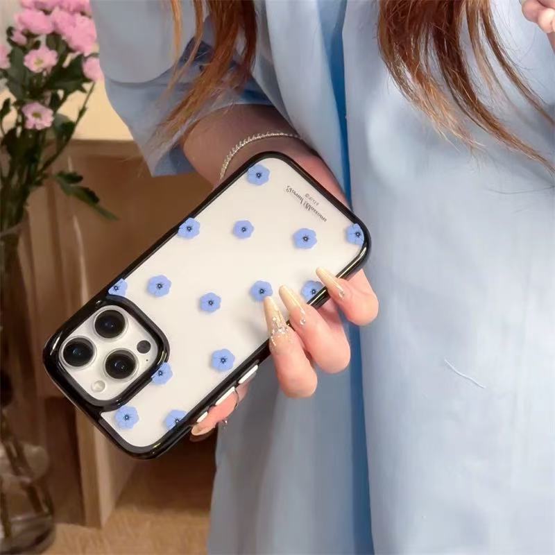 Ins coreanos flores azules simples y transparentes para iPhone16ProMax funda para teléfono móvil 13 Apple 14/15 hembra
