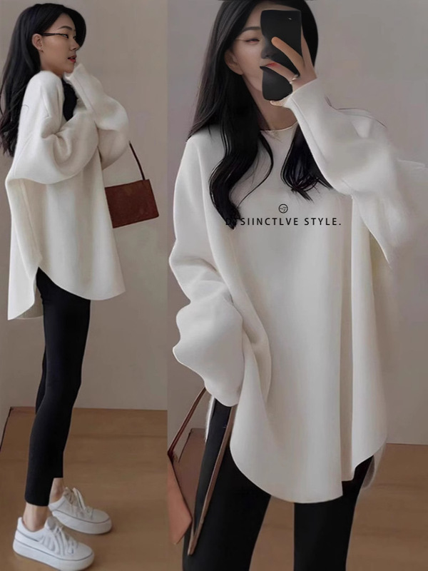 徳絨毛とベルベットの長袖tシャツの女性の中の長さはお尻の上着を隠して厚いタイプの底のシャツの秋冬2025をプラスします。|undefined
