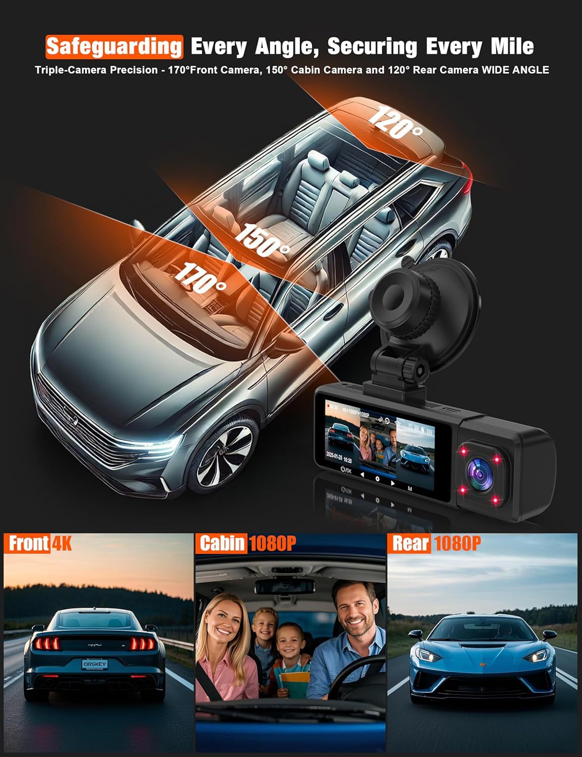 4K Ultra HD Triple-Camera Dash Cam with Wide-Angle Night Vision and Parking Monitoring, Complete Set of Accessories