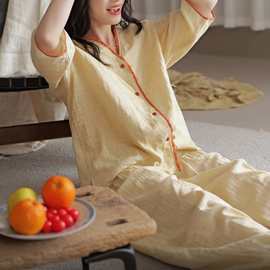 棉麻睡衣女2025新款文艺衬衫长裤女宽松七分袖V领复古潮家居服