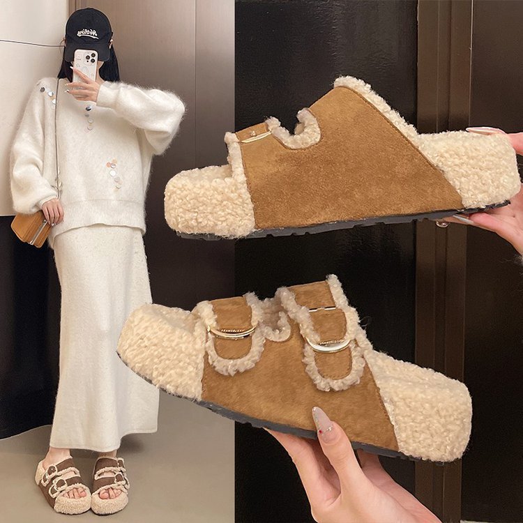 毛绒茸茸凉拖鞋女2025新款秋冬厚底羊羔绒毛毛鞋勃肯鞋外穿棉鞋托|undefined