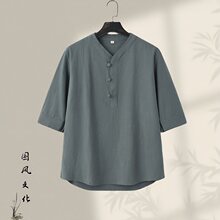 棉麻短袖t恤男中国风休闲半袖复古中式盘扣汉服禅茶服中袖五分袖