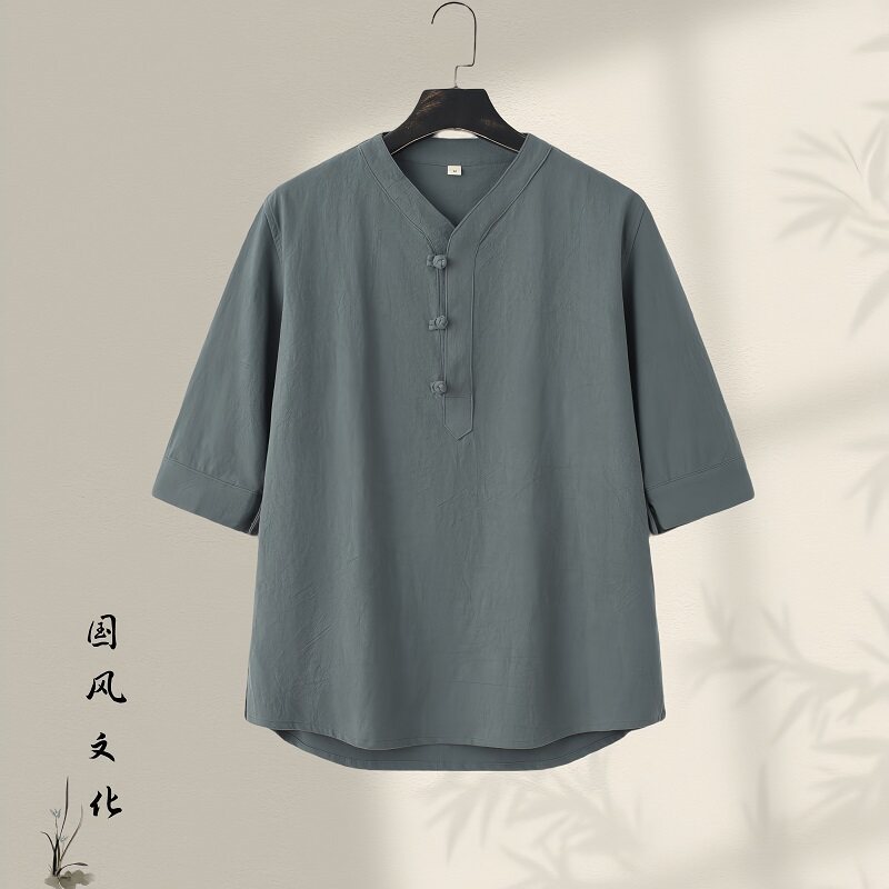 棉麻短袖t恤男中国风休闲半袖复古中式盘扣汉服禅茶服中袖五分袖