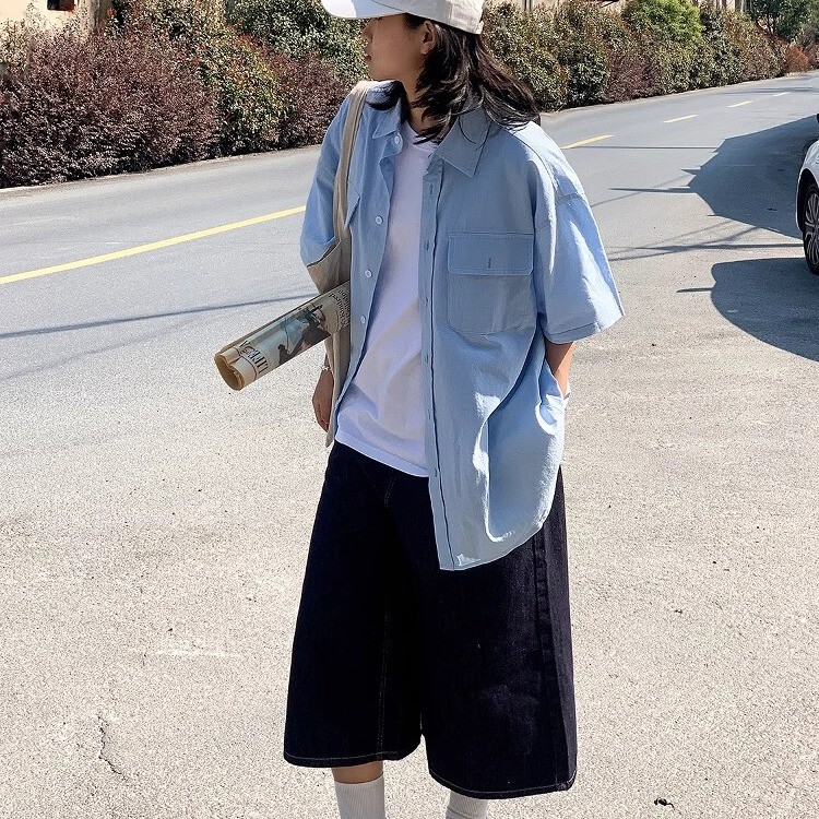 Light Blue Shirt Workwear Short-Sleeved Men's and Women's Summer Wear Sunny and Clean Boyish Handsome Half-Sleeved Shirt