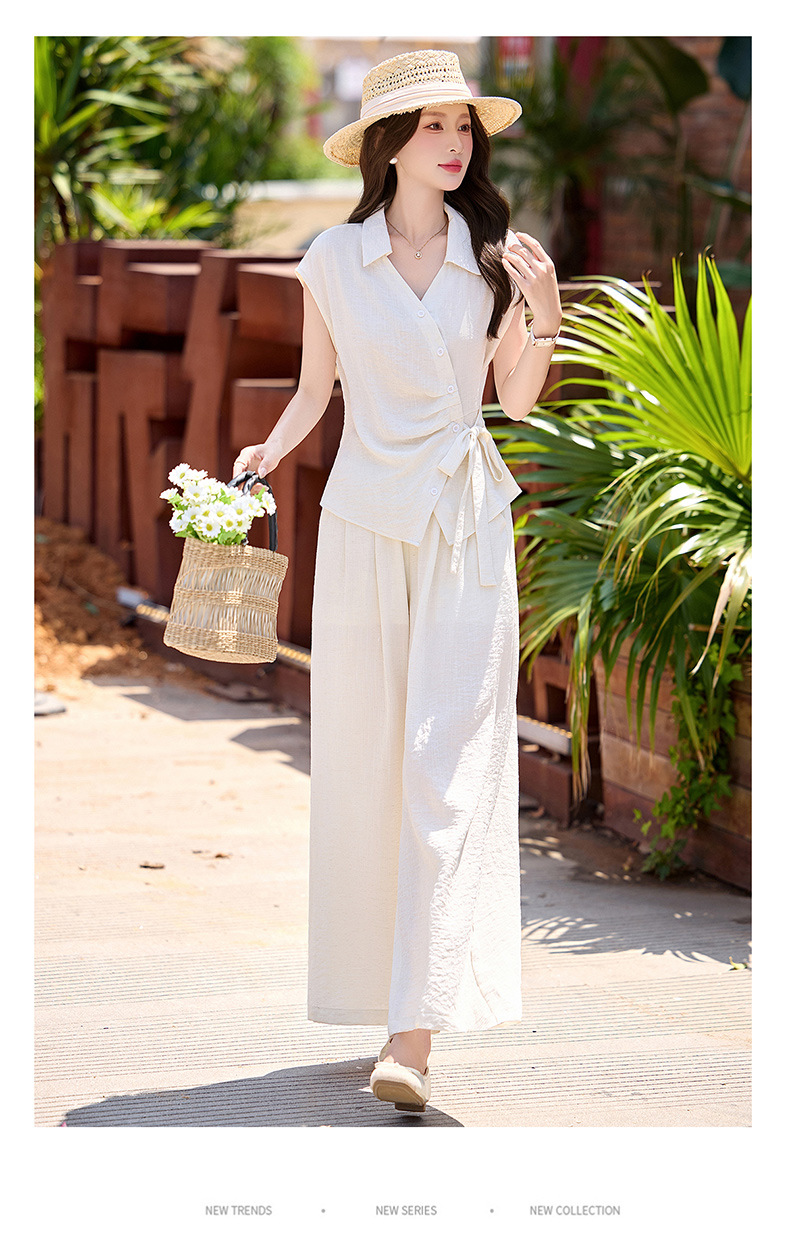 Bộ quần áo nữ hai mảnh gồm áo sơ mi eo thon và quần ống rộng, thiết kế thanh lịch mùa hè 2026 — Xanh lông mòng đen, màu mơ chi tiết 18
