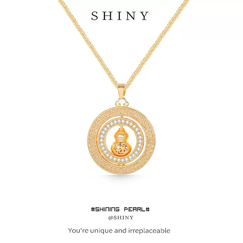 镂空镶钻葫芦福字吊坠项链复古轻奢圆形可转动国潮毛衣链男女可带