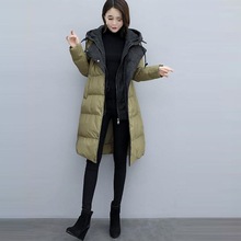 白鸭绒厚工厂直销冬季韩版宽松显瘦中长款连帽拼接假两件羽绒服女