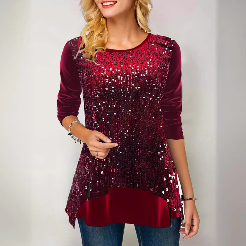 2026 New Style Women's Solid Color Suede Sequin Patchwork Casual Comfortable Loose Long-Sleeved Top T-Shirt-Xw212 2026 New Style Women's Solid Color Suede Sequin Patchwork Casual Comfortable Loose Long-Sleeved Top T-Shirt-Xw212