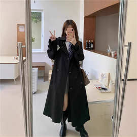 2025年胖MM黑色风衣女秋冬季新款双排扣方领外套小个子中长款上衣