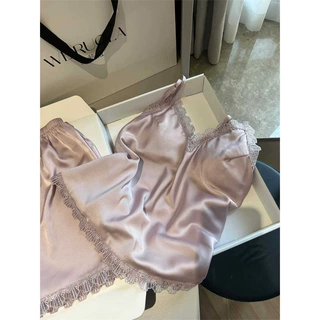 法式轻奢性感带胸垫吊带睡衣女款夏季冰丝缎面家居服背心短裤套装