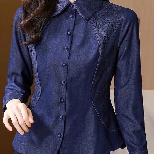 Design-Inspired Blue Tencel Denim Shirt with Lace Accents, Autumn Style, Women's Improved Chinese-Style Slim Fit