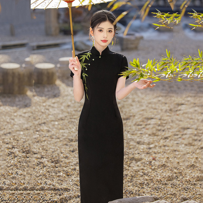 刺绣黑色国风长款旗袍改良年轻款2025新款女复古修身日常可穿夏季|undefined