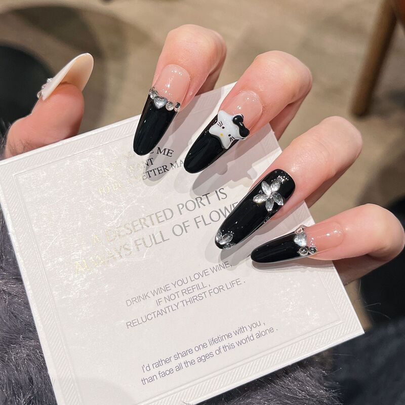 Cute Cartoon Student Wearable Nails Wholesale Handmade Nail Pieces Wearable Fake Nails Long Black French Manicure
