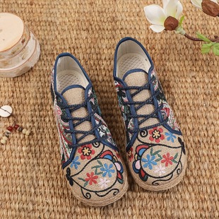 Taiwanese Ethnic Style Old Beijing Embroidered Shoes Women's Shoes Lace-Up Literary Linen Casual Shoes Women's Cotton and Linen Non-Slip Casual Style