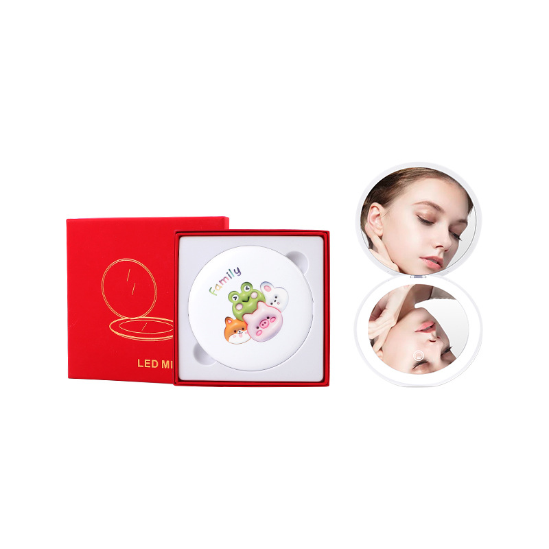 Venta al por mayor luz LED espejo de maquillaje moda red Luz de relleno 5X agrandado espejo plegable de doble cara espejo de regalo redondo