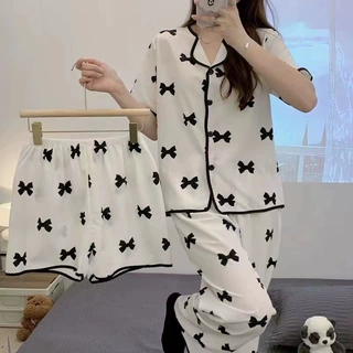 蝴蝶结三件套睡衣女夏季短袖开衫宽松短裤长裤套装可外穿