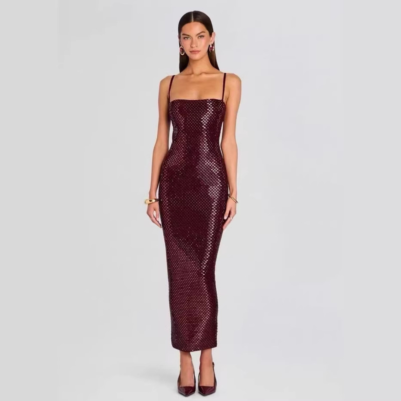 Amazon Cross-Border New Model Heavy-Duty Luxury Rhinestone-Embellished Long Dress Elegant Temperament Date Bandage Dress Amazon Cross-Border New Model Heavy-Duty Luxury Rhinestone-Embellished Long Dress Elegant Temperament Date Bandage Dress