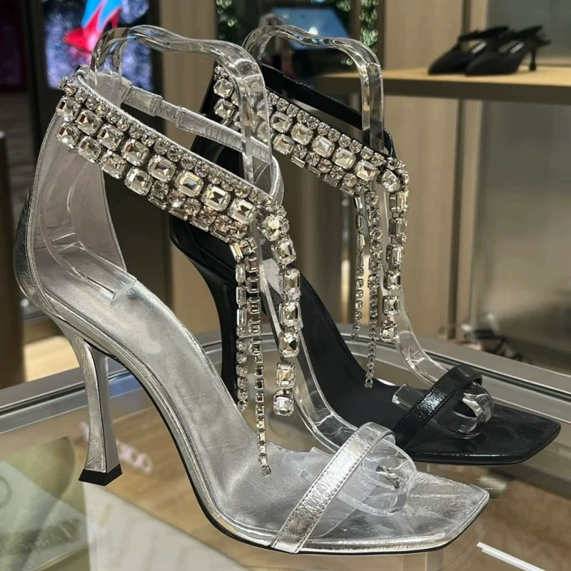 JC та же квадратная головка с высокими каблуками на высоком каблуке 2025 лето новая серебряная хрустальная цепочка с открытым носком сандалии женский толстый каблук