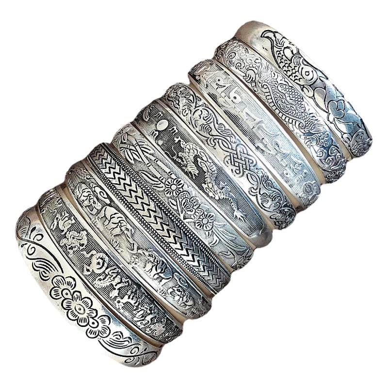Ethnic Style Xizang Miao Silver Bracelets for Women, Retro Carved Open Bracelets, Jewelry, Scenic Spot Stalls, Yiwu Small Commodities