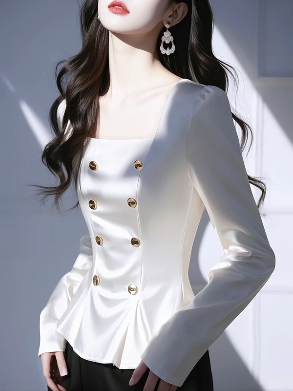 白色缎面衬衫高级感轻奢超好看独特漂亮气质方领长袖上衣女2025秋|undefined