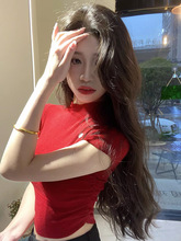 红色短袖T恤女春秋季2024新款修身打底衫半高领紧身法式掐腰上衣