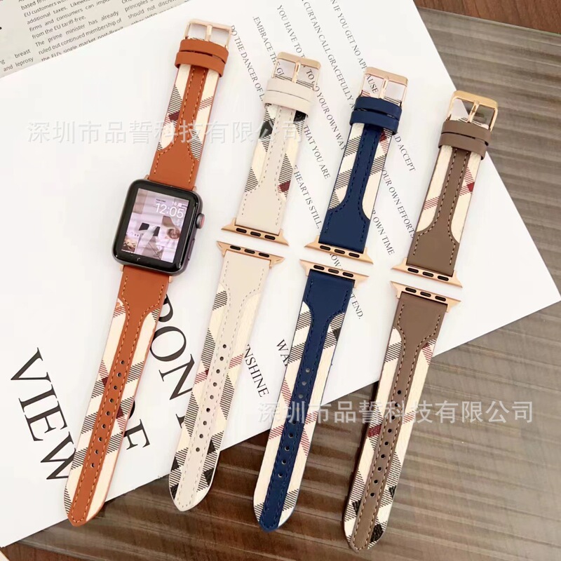Suitable for Apple Watch S1109 Watch Strap Iwatch8 Burberry Leather Strap Cross-Border Hot-Selling Item